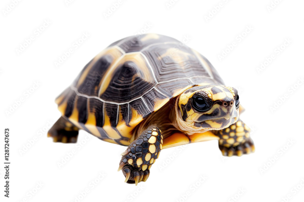 Poster close up of a turtle with a shell of black and yellow patterns isolated on a transparent background