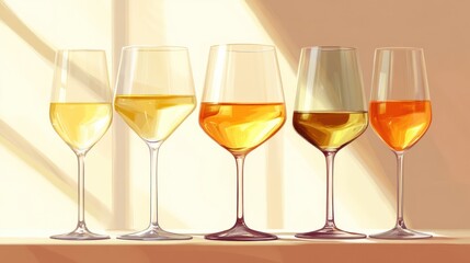 Sunlight illuminates five white wine glasses on a shelf