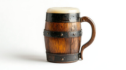 A wooden mug with a handle sits on a white background