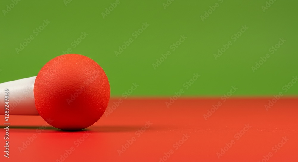 Poster minimalist red and green abstract composition with a colorful ball on a smooth surface