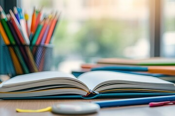 Vibrant Image of Busy Students Desk with Open Notebook
