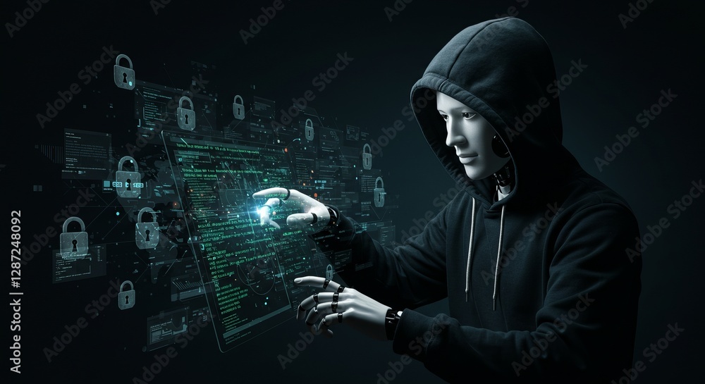 Poster cybernetic human hacker in hoodie manipulating digital interface with holographic security elements