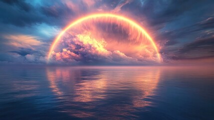 Celestial Ocean: A Serene Sunset with a Mystical Rainbow Arch