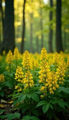 Fototapeta premium Dense clusters of bright yellow flowers in a sun-dappled forest floor, goldenrod, fall colors, forest understory