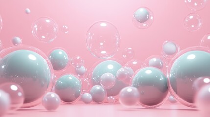 Floating pastel spheres on pink background; product backdrop
