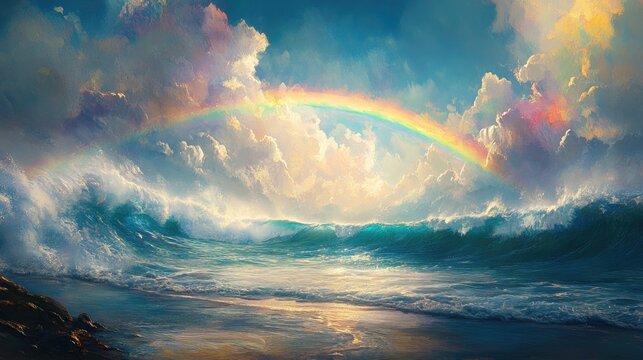 Rainbow Over Ocean Waves: A Dreamlike Seascape
