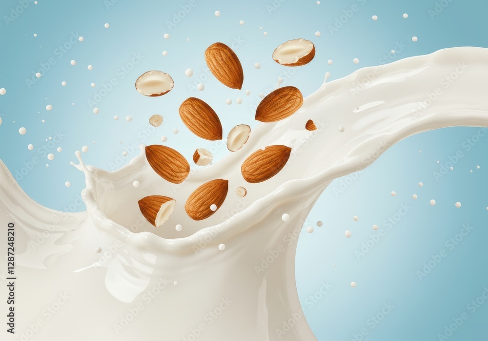 Poster almonds splashing into milk with dynamic energy and motion on blue background