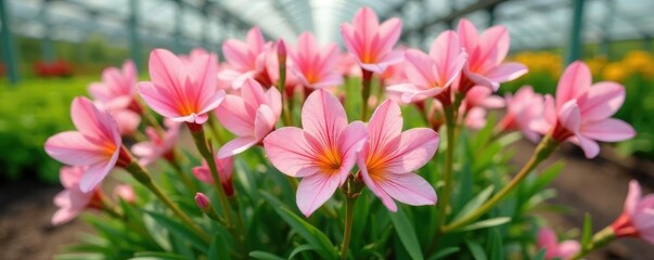 Obraz premium Bush of pastel pink Alstroemeria flowers in a garden, horticulture, greenhouse, farm