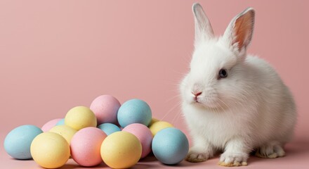 Fototapeta premium Adorable white bunny with colorful easter eggs on pastel pink background