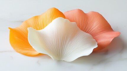 Three pastel colored flower petals on marble surface