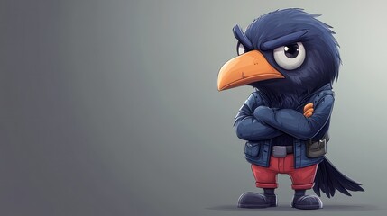 Grumpy crow character, arms crossed, digital art, gray background, mascot design