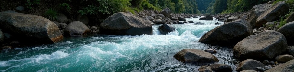 Rocky riverbed with fast flowing water and boulders, river_formation, geological_formations, terrain