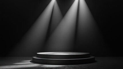 Dark stage, spotlight, platform, textured floor, product display