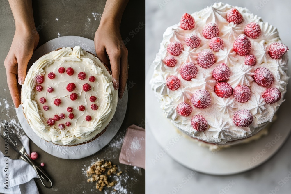Poster delicious raspberry cake being decorated on a countertop in a cozy kitchen during afternoon light. g