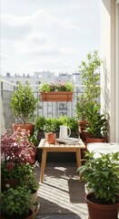 Fototapeta premium Urban balcony garden with lush greenery and potted plants in bright natural light