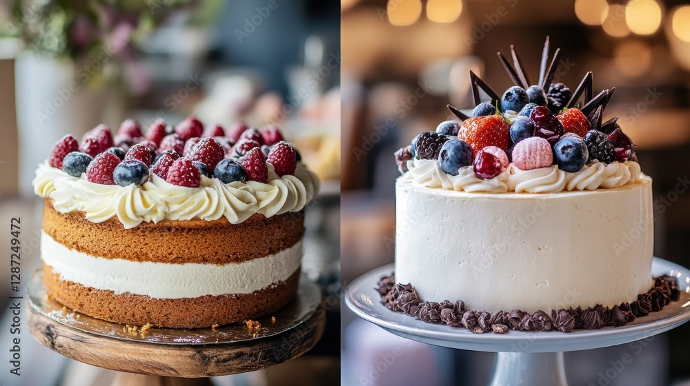 Poster deliciously decorated cakes with fresh berries on display in a cozy bakery setting. generative ai