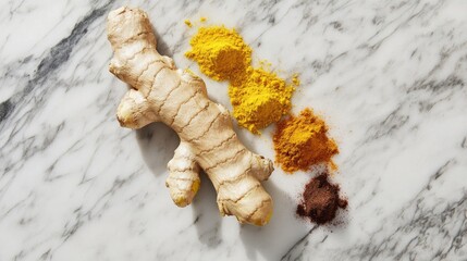 Naklejka premium Fresh Ginger Root with Turmeric and Spices on Marble