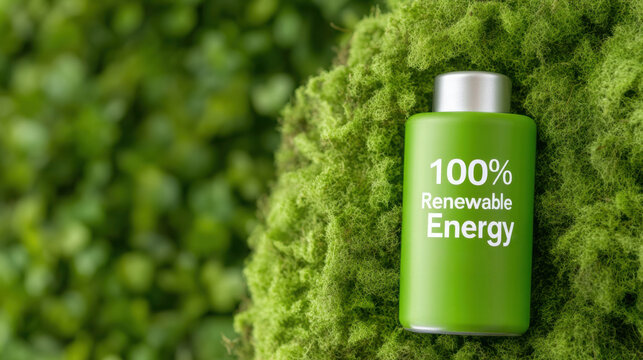 Eco-friendly innovation with 100 percent renewable energy green battery on natural moss background