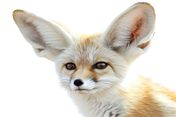 Close-up portrait of a fox with large ears and light fur, isolated on a transparent background