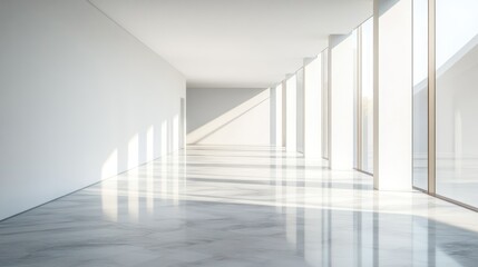 Modern hallway, sunlight, marble floor, windows, architecture, interior design, presentation