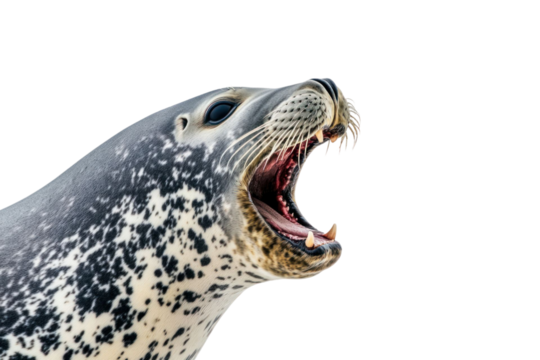 Close-up view of a marine animal with open mouth showing teeth, black and white color. Isolated on transparent background. Detail and expressive animal portrait