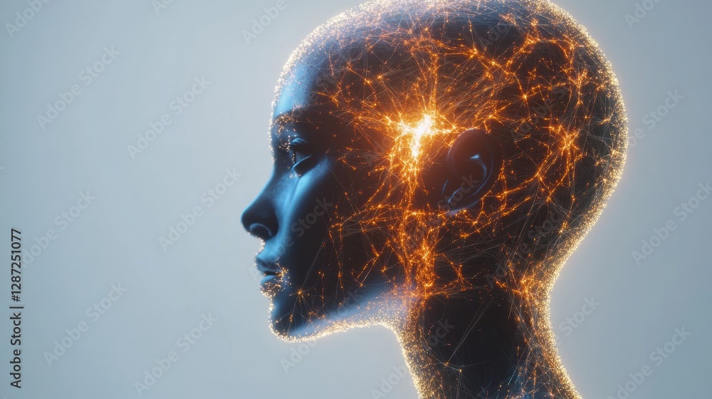 Aufkleber complex neural connections and glowing synapses in a human head silhouette depicting cybernetic inte