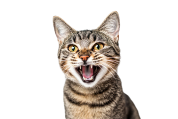 Close up portrait of a generic cat with open mouth and showing teeth against a transparent background