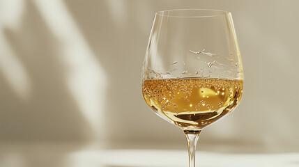 A glass of wine is sitting on a table, with a light shining on it