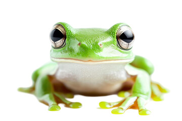 Close up portrait of a vibrant green animal with big eyes. The animal is in a front-facing pose against a transparent background