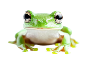 Close up portrait of a vibrant green animal with big eyes. The animal is in a front-facing pose against a transparent background