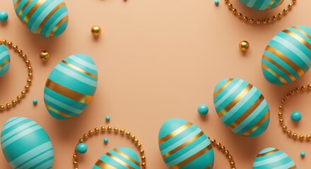 Fototapeta premium Festive turquoise and gold striped easter eggs on pastel background