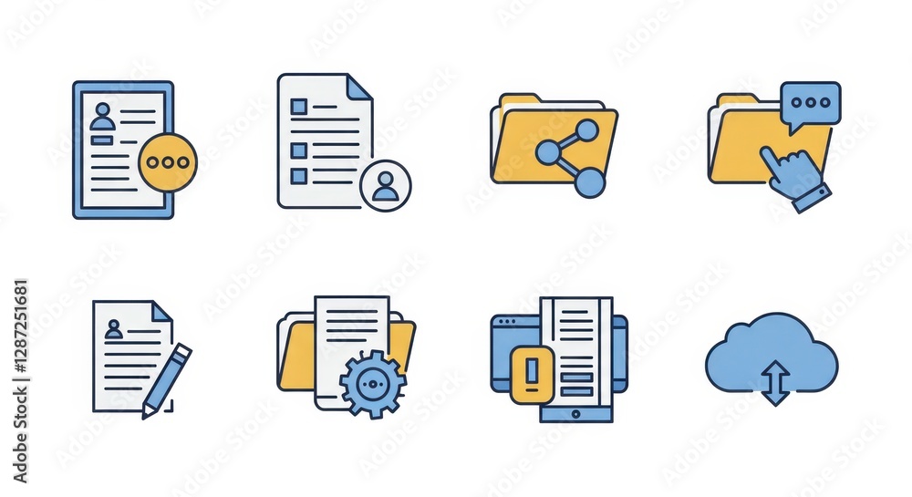 Poster digital document management icons for online organization and file sharing solutions