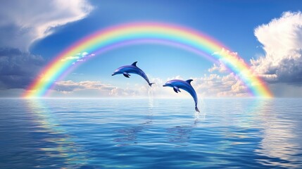 Two Dolphins Leap Joyfully Over a Vibrant Rainbow Arching Over a Serene Ocean