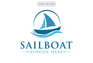Sea sailing boat in the blue ocean. Marine ship with sail in sea waves. logo vector icons set illustration stock