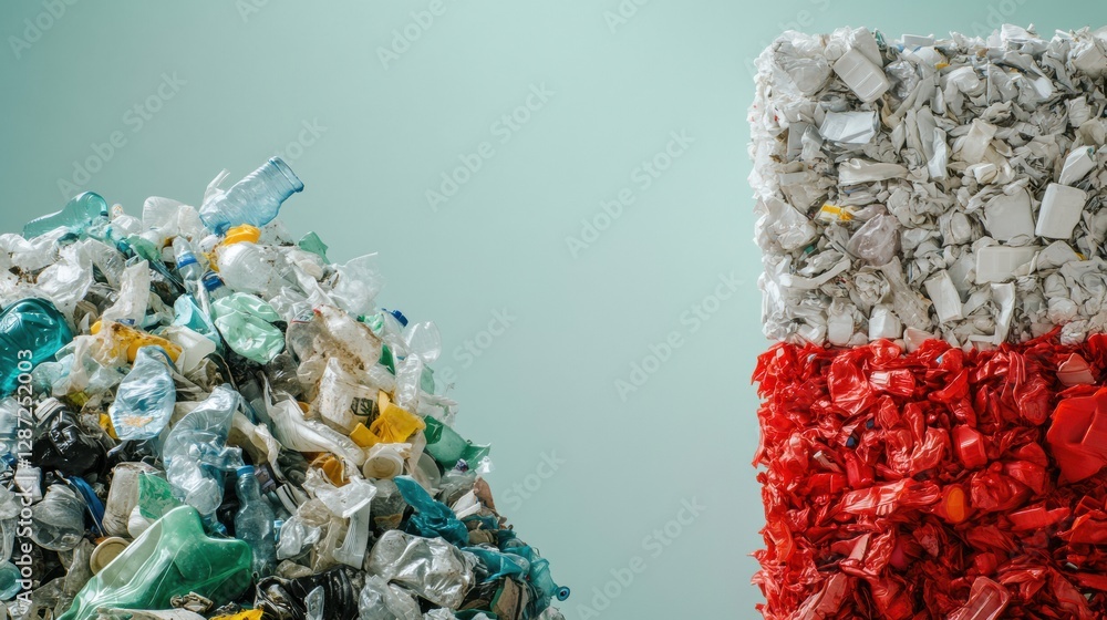 Poster contrast between plastic waste and organized recycled plastic products highlights importance of recy