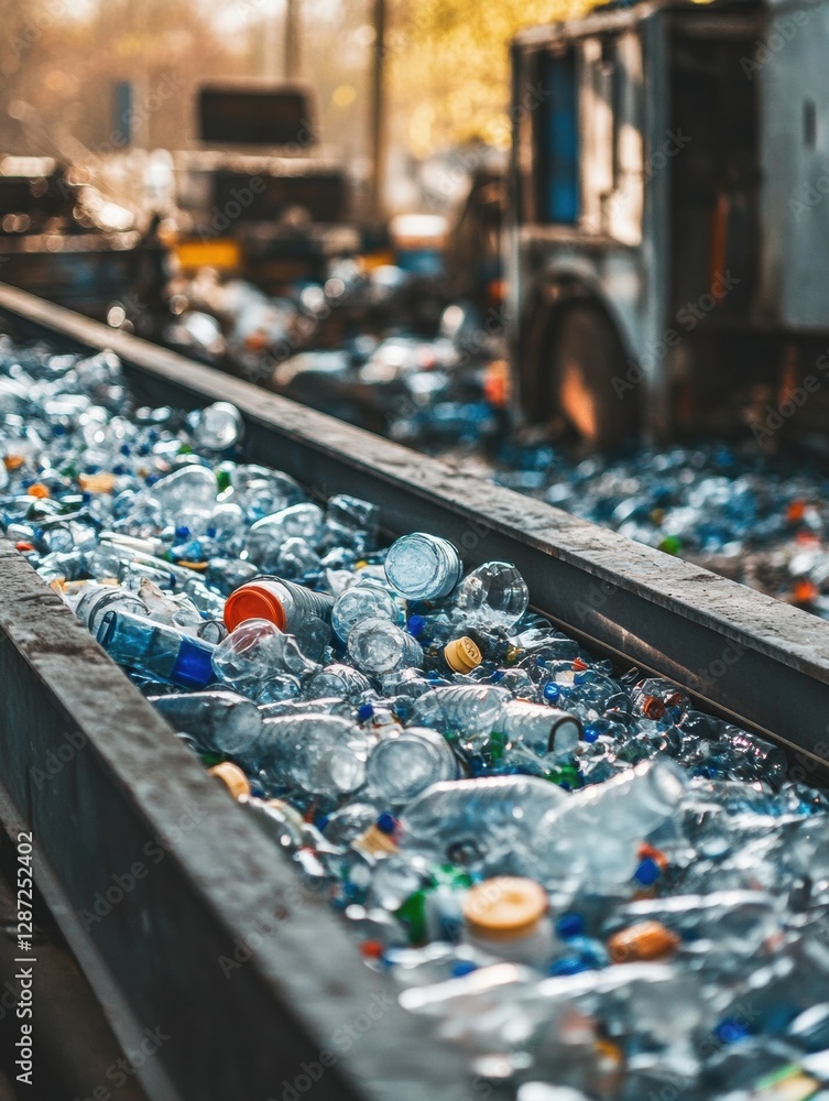 Poster recycling plant processes sorted waste with conveyor belts in an industrial setting for sustainable 