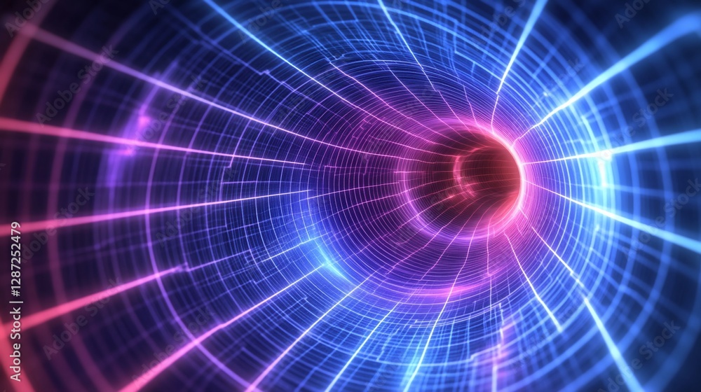 Poster futuristic digital tunnel abstract with glowing grid and deep perspective