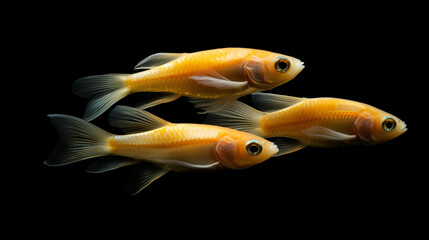 Fototapeta premium Three golden fish swimming gracefully aquatic life vivid yellow transparent background aquarium fish