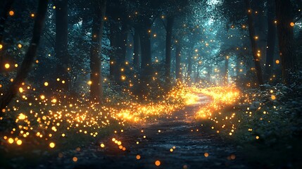 Fototapeta premium Magical fireflies illuminate enchanted forest path nature scene mystical view