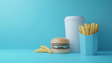 Fast food meal, blue background, 3D render, advertising
