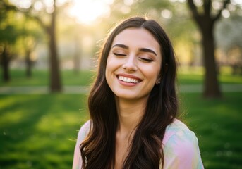 Fototapeta premium Smiling woman enjoying a sunny day in a lush green park