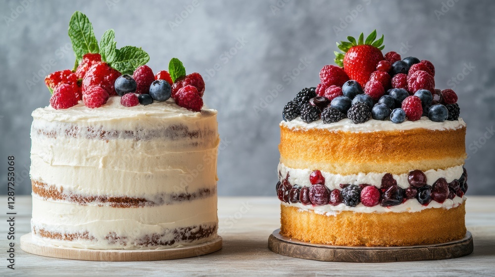 Aufkleber delicious layered cakes topped with fresh berries displayed on a wooden table in a bright kitchen. g