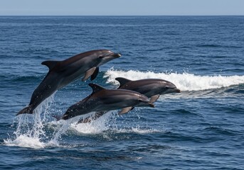 Fototapeta premium Three dolphins leaping gracefully over ocean waves