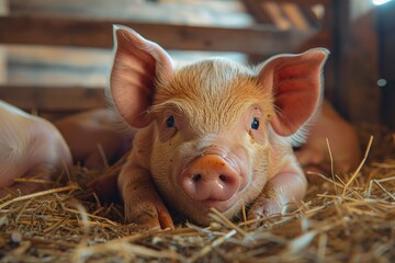 Premium Quality Picture of a Small Piglet in the Farm Group of Pigs in Farm