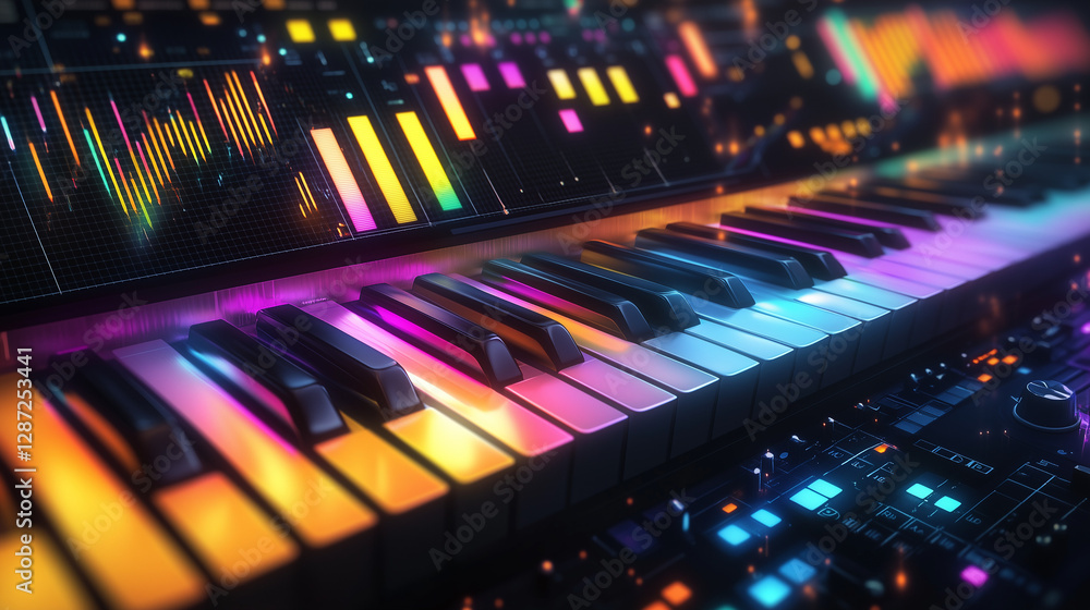 Poster vibrant neon synth keyboard with colorful digital music interface