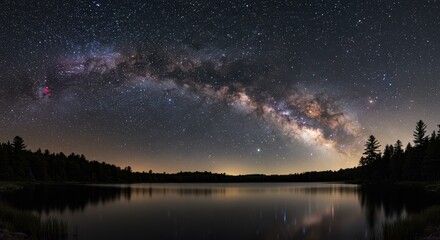 Naklejka premium Milky way over tranquil lake with pine forest silhouette and starry night sky