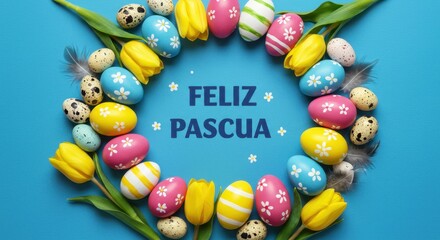 Colorful easter egg wreath with tulips and feliz pascua text on blue background