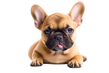 Obraz premium Adorable animal puppy with tan fur lying down sticking out its tongue against a transparent backdrop