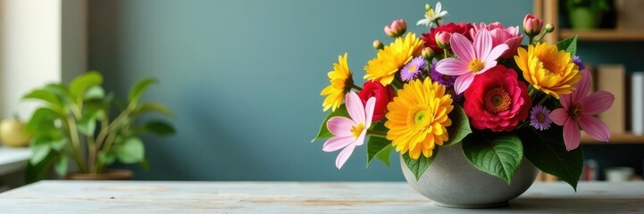 A colorful bouquet of fresh flowers on a table, flowers, table decor, blossoms