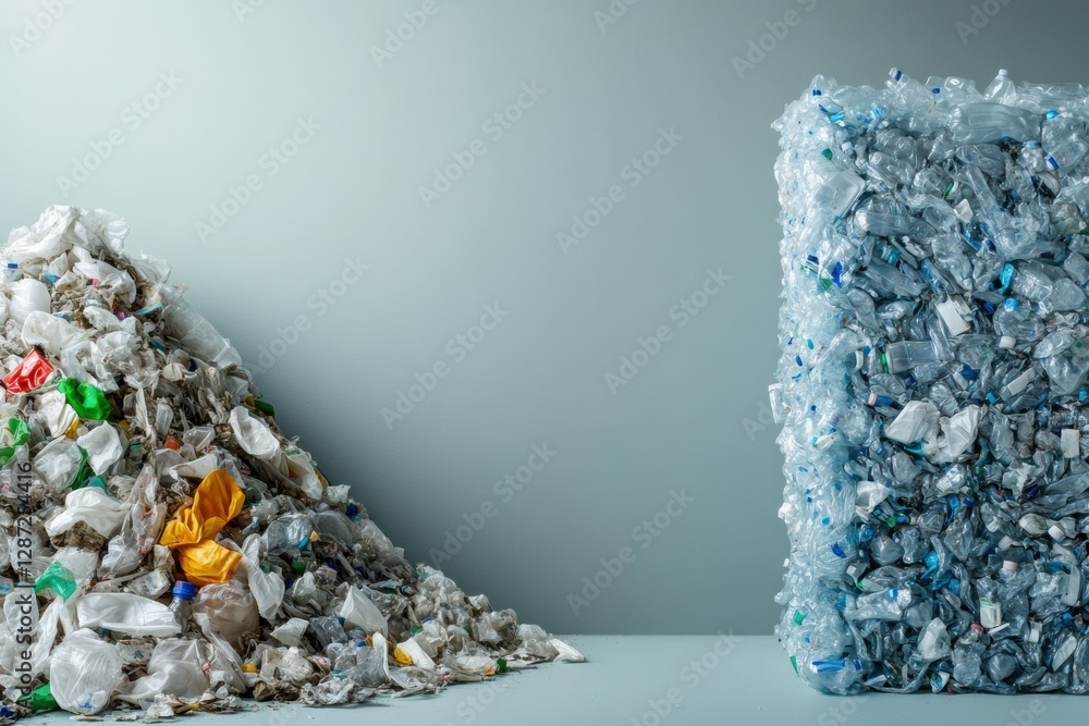 Poster contrast of plastic waste and recycled products demonstrates environmental impact and recycling impo